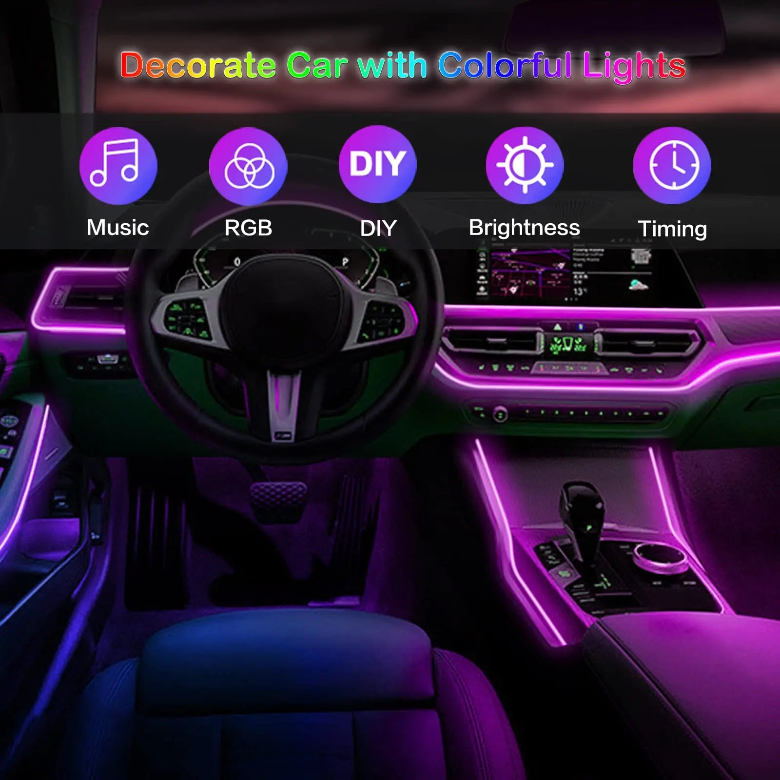 LED Car Interior Ambient Strip Lights RGB Fiber Optic Atmosphere Neon Lighting Kit W/ APP Remote Control Auto Decorative Lamps